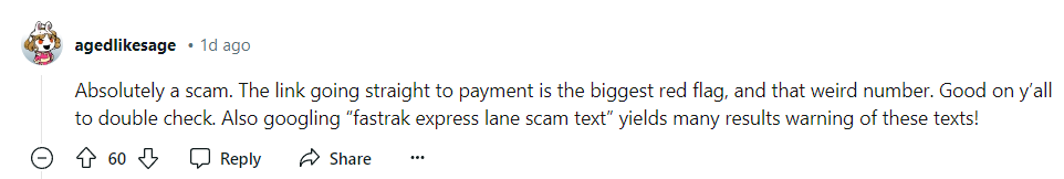 Bay Area FasTrak Toll Text Scam Reviews on Reddit