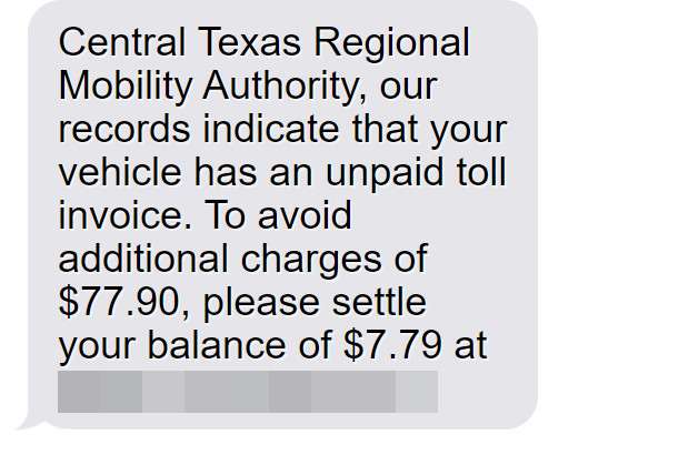 CTRMA Toll Text Scam Message