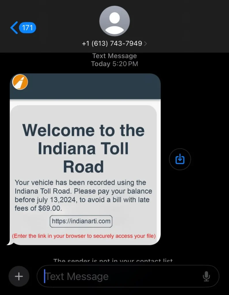 Indiana Toll Road Scam Message