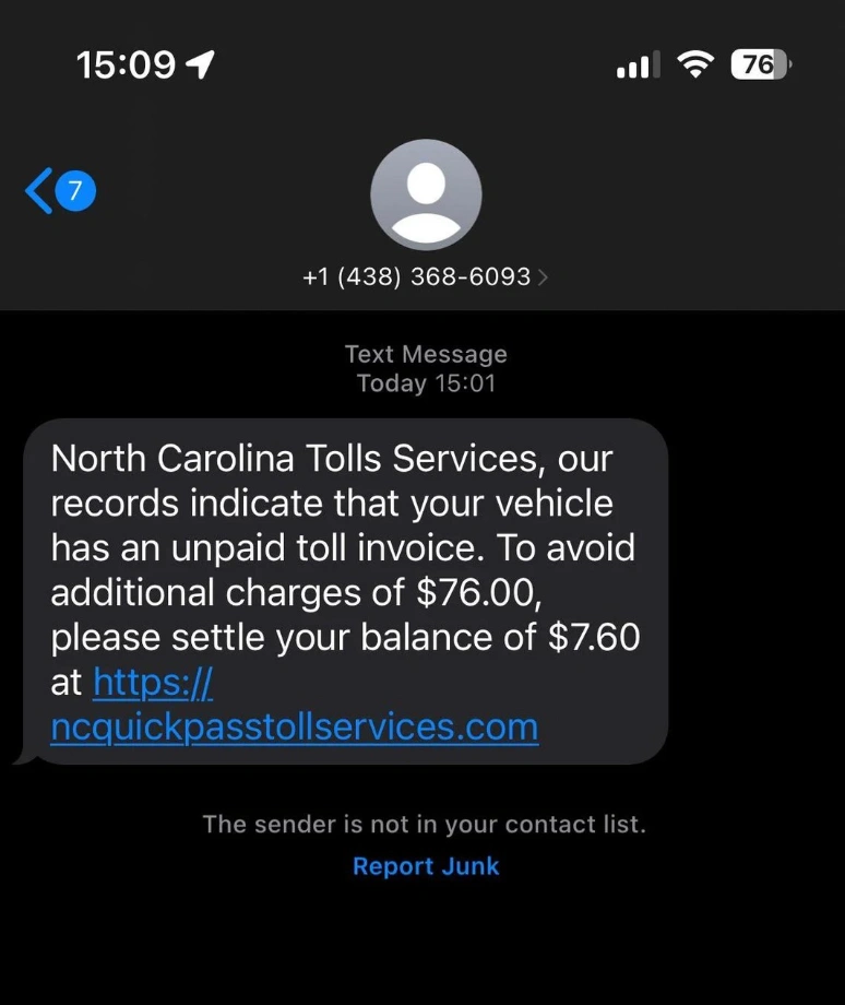 NC Quick Pass Toll Text Message