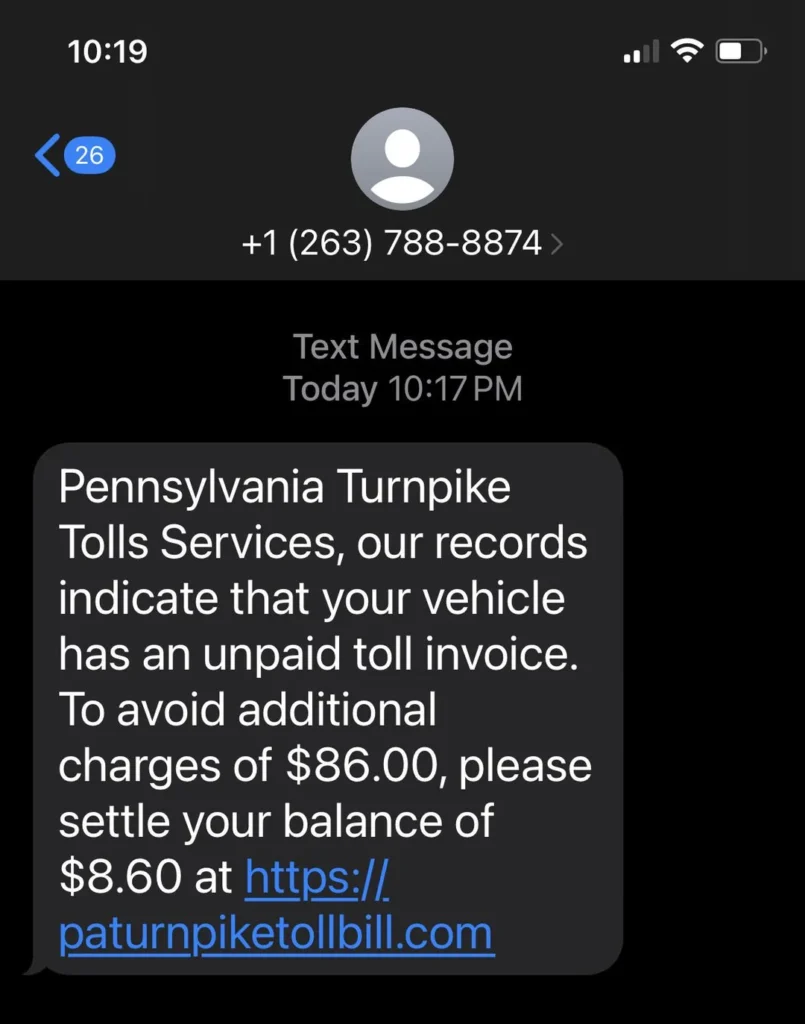 PA Turnpike Toll Bill Scam message