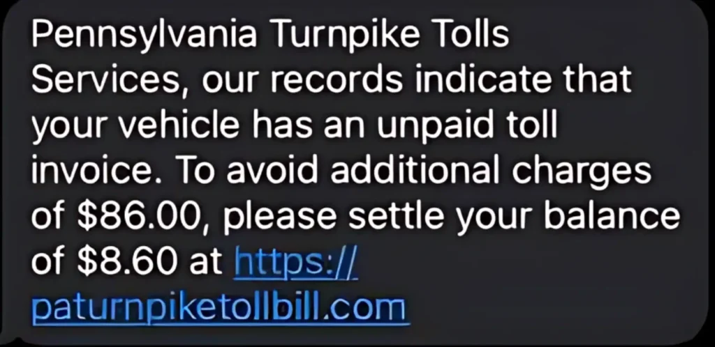 PA Turnpike Toll Bill Scam Messsage