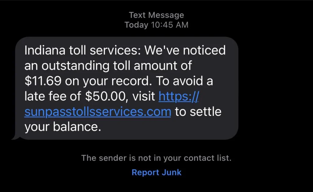  Indiana Toll Road Scam Message