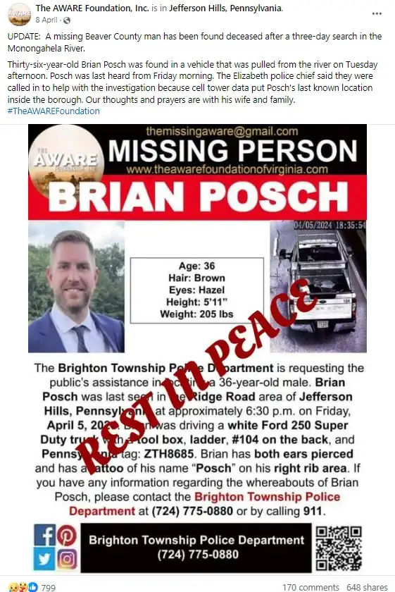 Brian Posch Missing Facebook Post