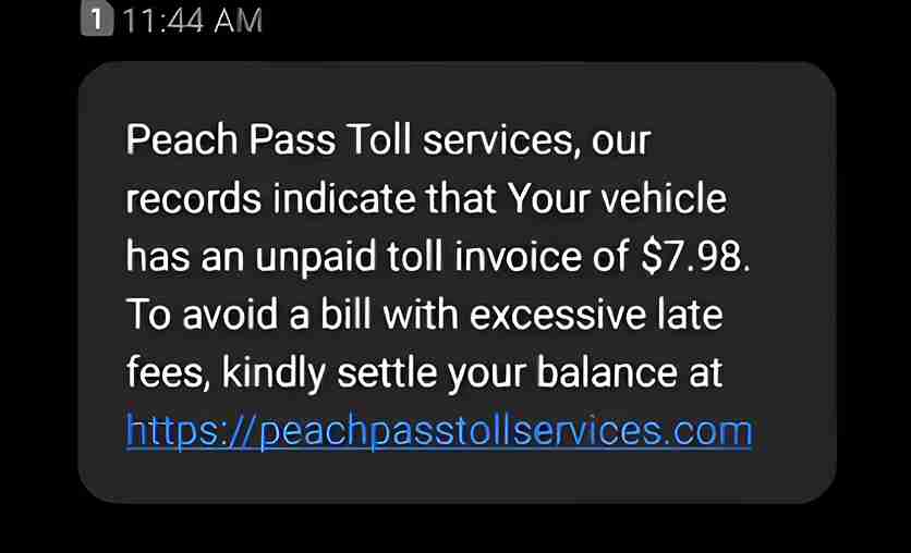 Peach Pass Toll Services Text Messsage