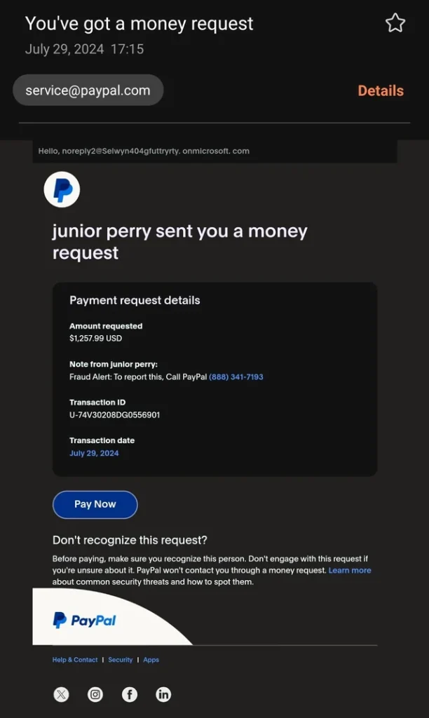 The Junior Perry Paypal Request Scam Message
