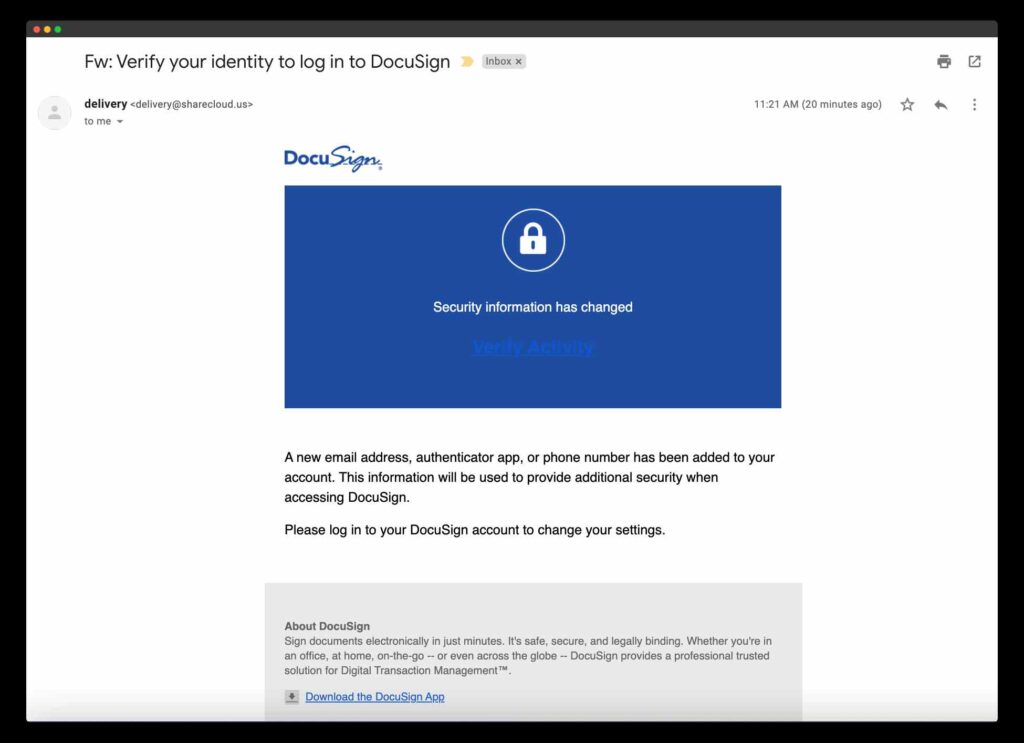 DocuSign Phishing Email Example