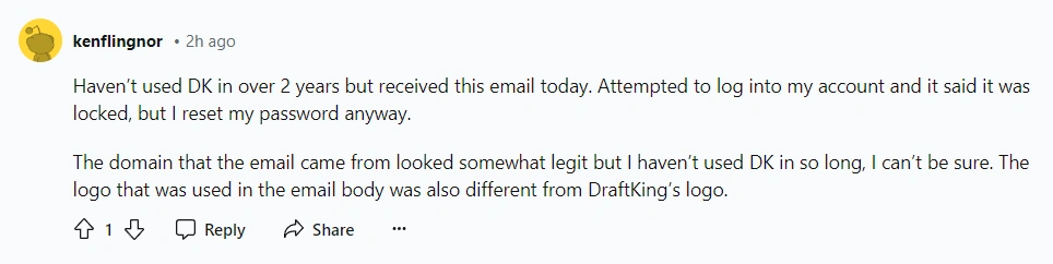 User's Reaction to DraftKings Email Scam