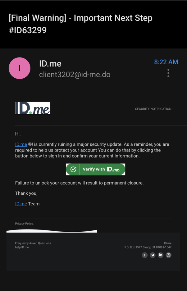 Id.Me Scam message