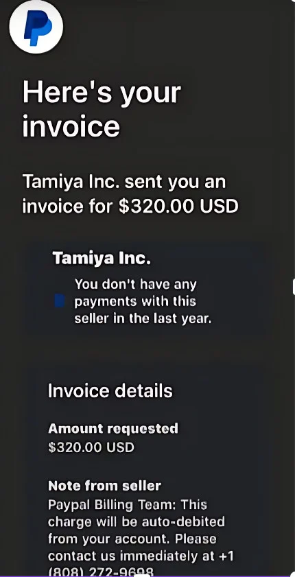 Tamiya Inc. PayPal Invoice Email 