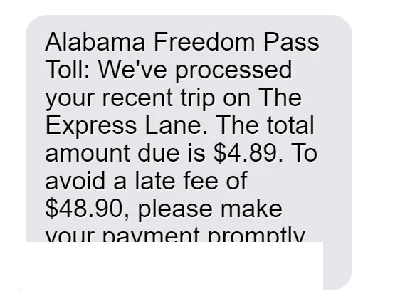 Fake Alabama Freedom Pass Toll Text