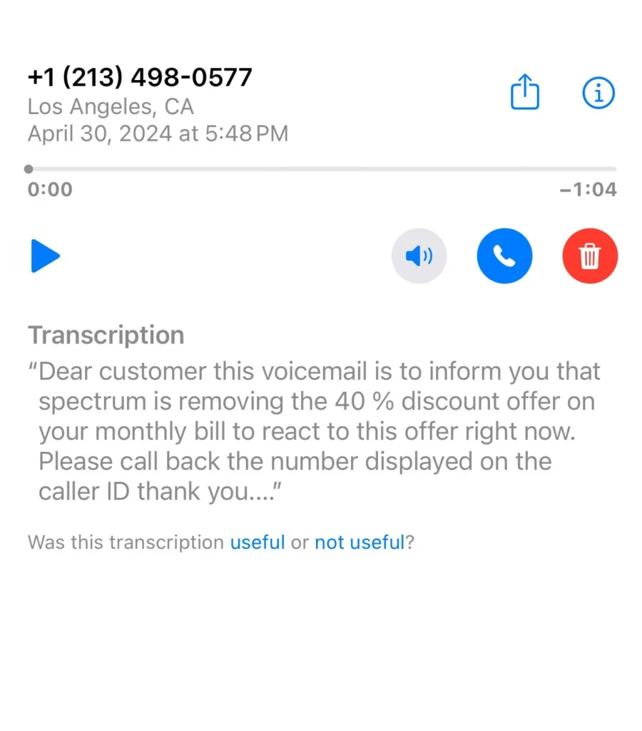 Spectrum 40% Discount Scam  Message