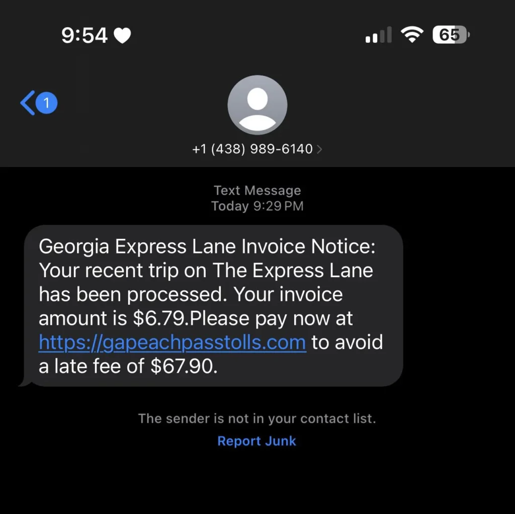 Fake Georgia Express Lane Invoice Notice Text Scam!