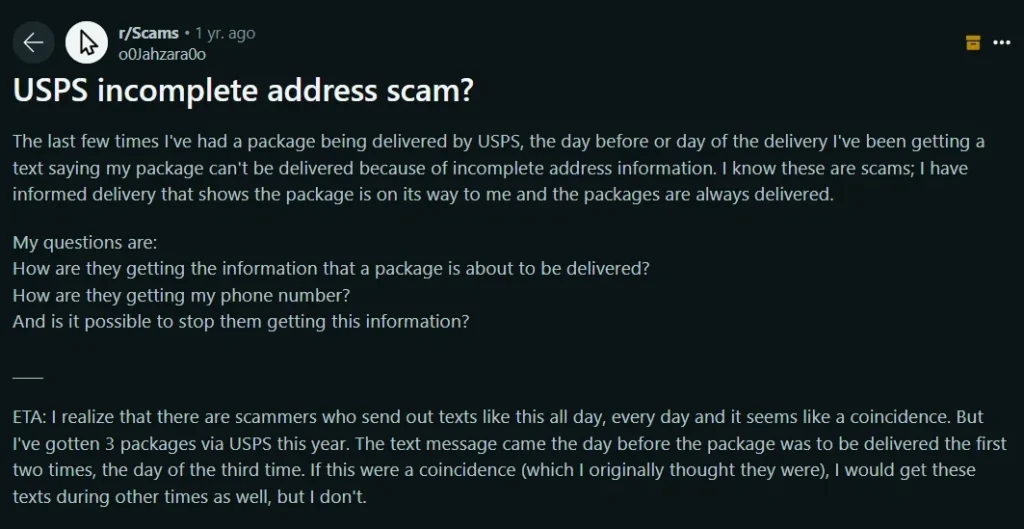 USPS Text Scam on Reddit